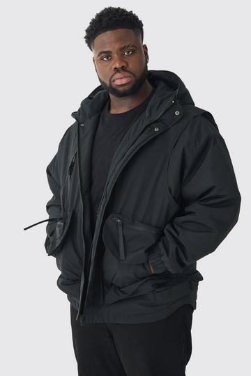 Black Plus Hooded Utility Tech Parka Jacket In Black