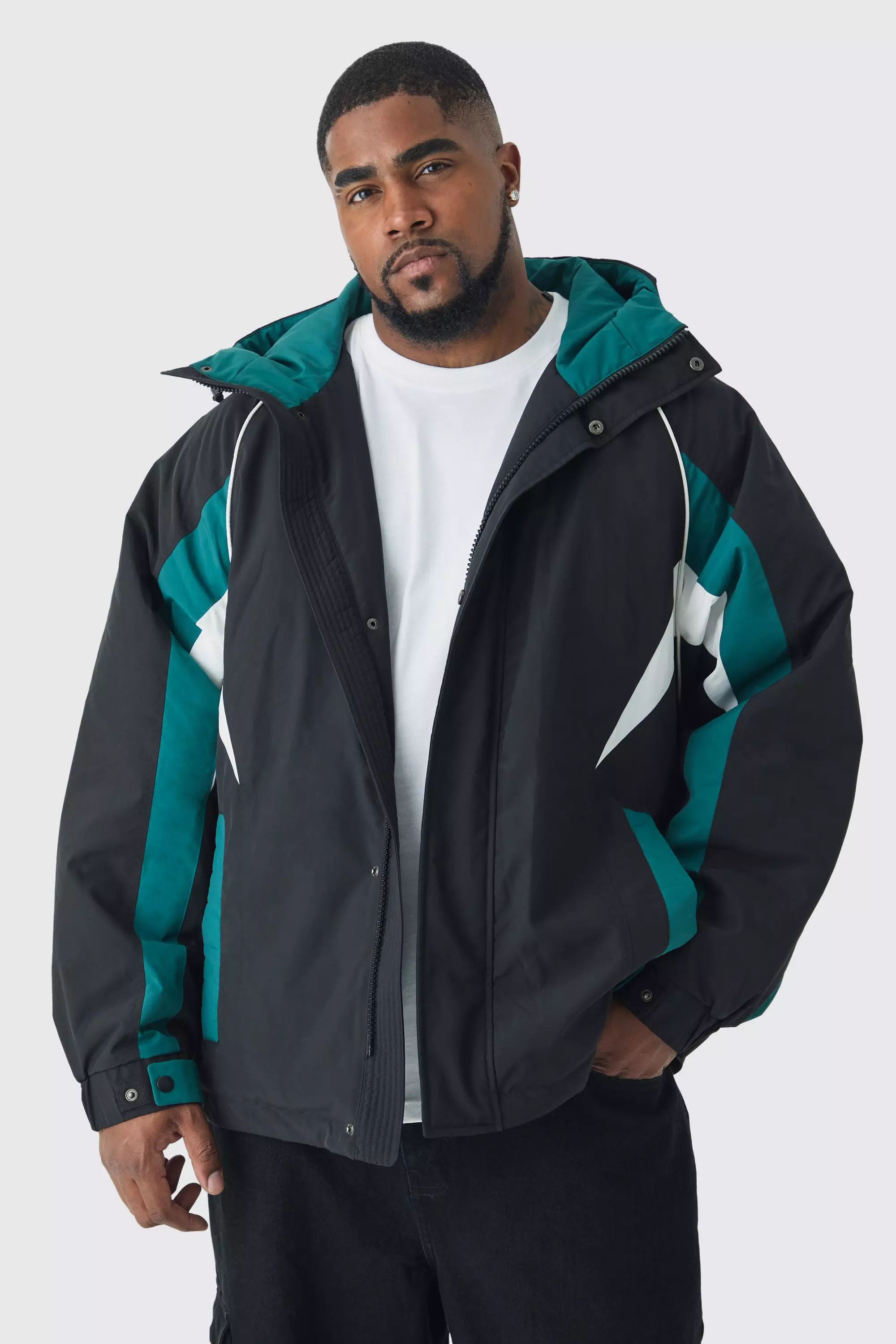Plus Hooded Colour Block Parka Jacket In Black alternative image