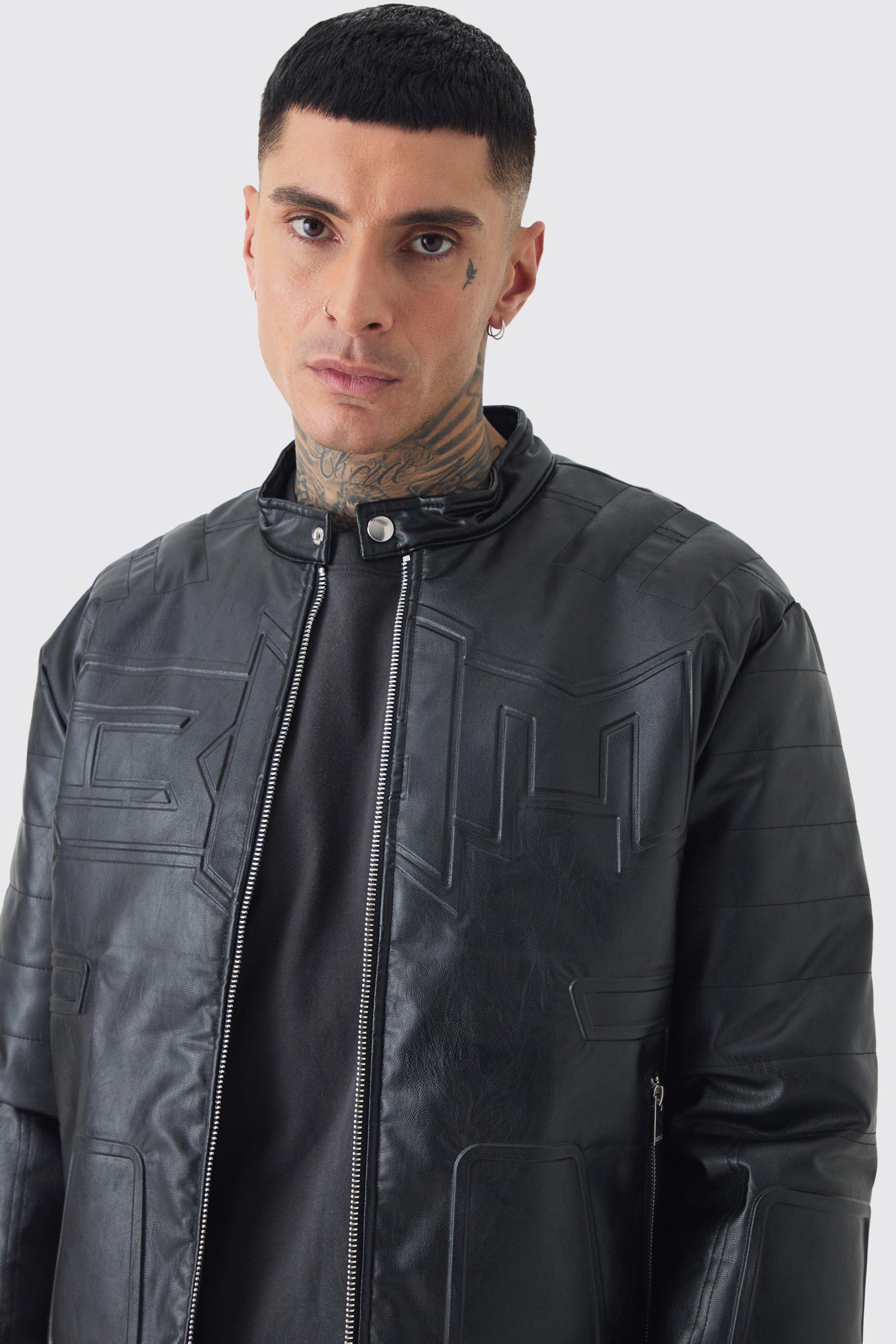 Tall kastige kragenlose Bhm PU Moto Bikerjacke in Schwarz