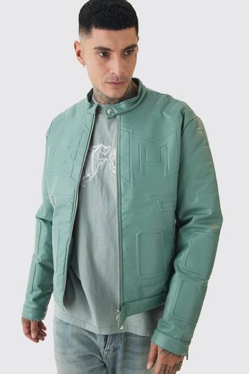 Green Tall Boxy Bhm Pu Collarless Moto Moto Jacket In Sage