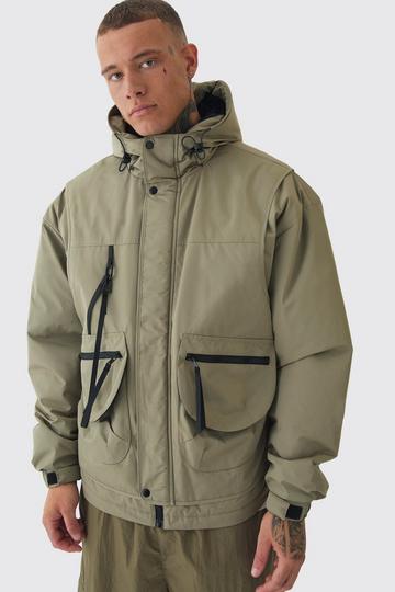 Tall Hooded Utility Tech Parka Jacket In Khaki khaki