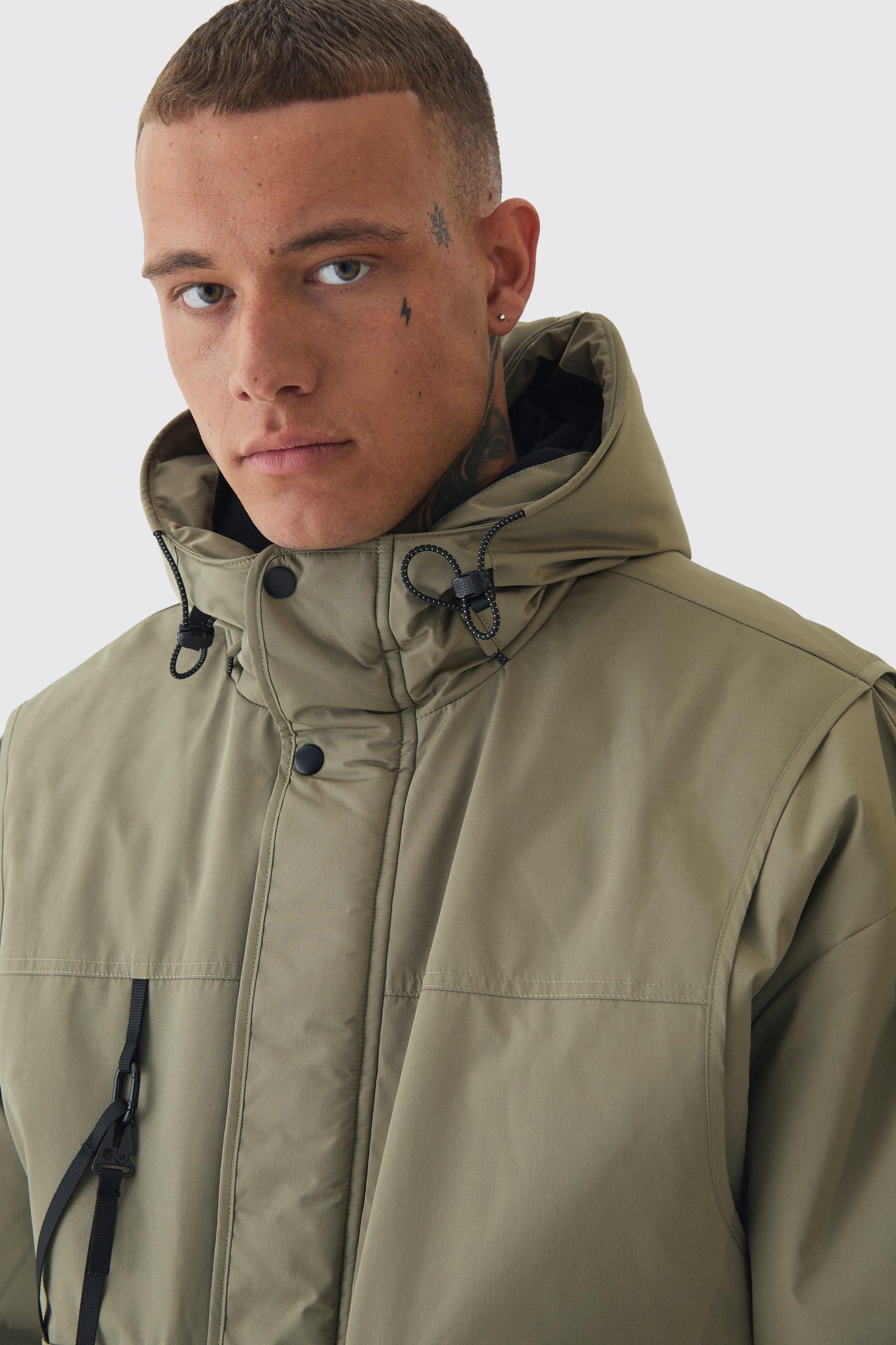 Tall Hooded Utility Tech Parka Jacket In Khaki boohoo