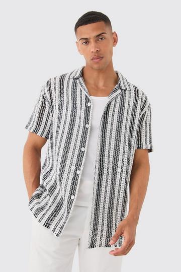 Short Sleeve Revere Oversized Open Knit Stripe Shirt black