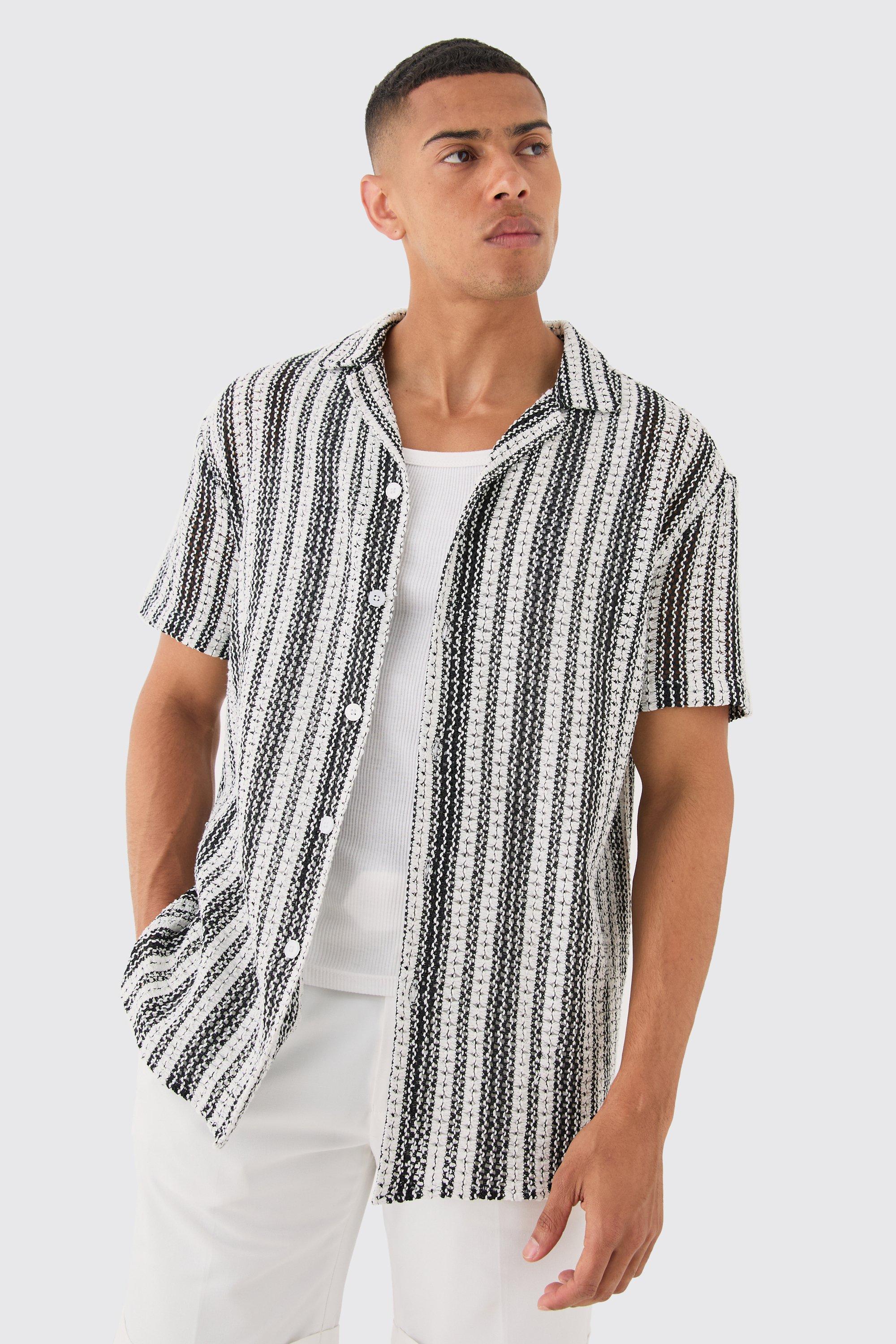 Short Sleeve Revere Oversized Open Knit Stripe Shirt