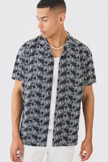 Short Sleeve Revere Oversized Embroidered Geo Shirt black