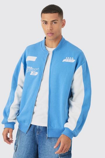 Blue Oversized Moto Sport Applique Jersey Knit Bomber Jacket