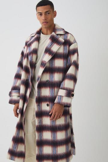 Oversized Double Breasted Brushed Check Overcoat In Burgundy burgundy