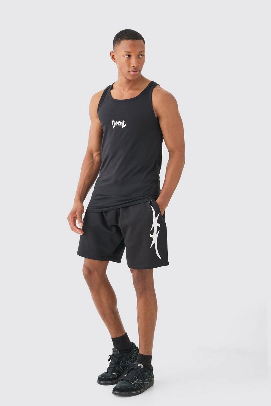Conjunto de pantalón corto y camiseta sin mangas con estampado gráfico Official ajustado al músculo, Black image number 1