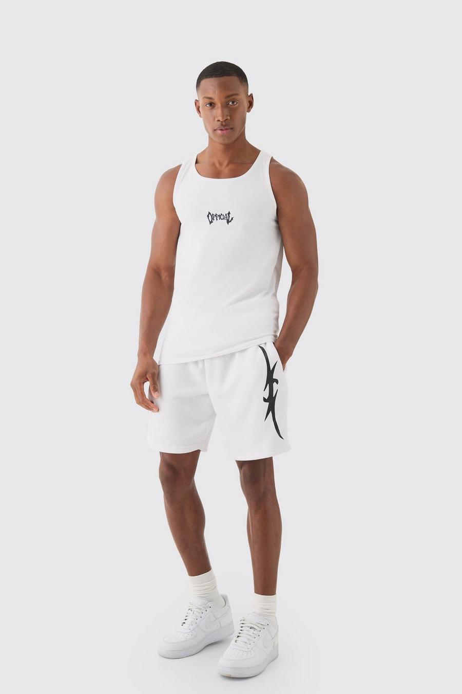 Conjunto de pantalón corto y camiseta sin mangas con estampado gráfico Official ajustado al músculo, White