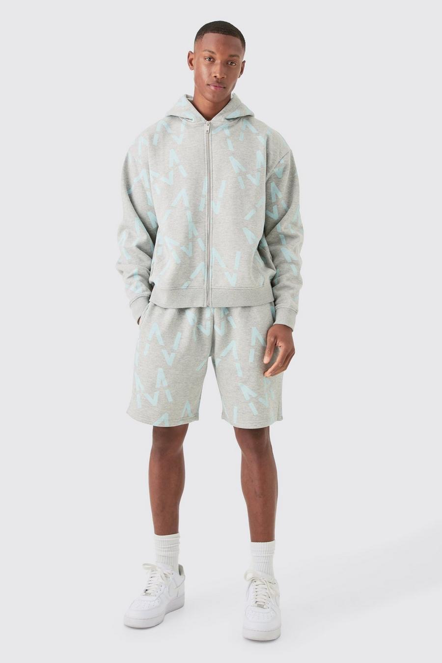 Grey marl  Oversized Boxy Man All Over Print Zip Hoodie Short Tracksuit