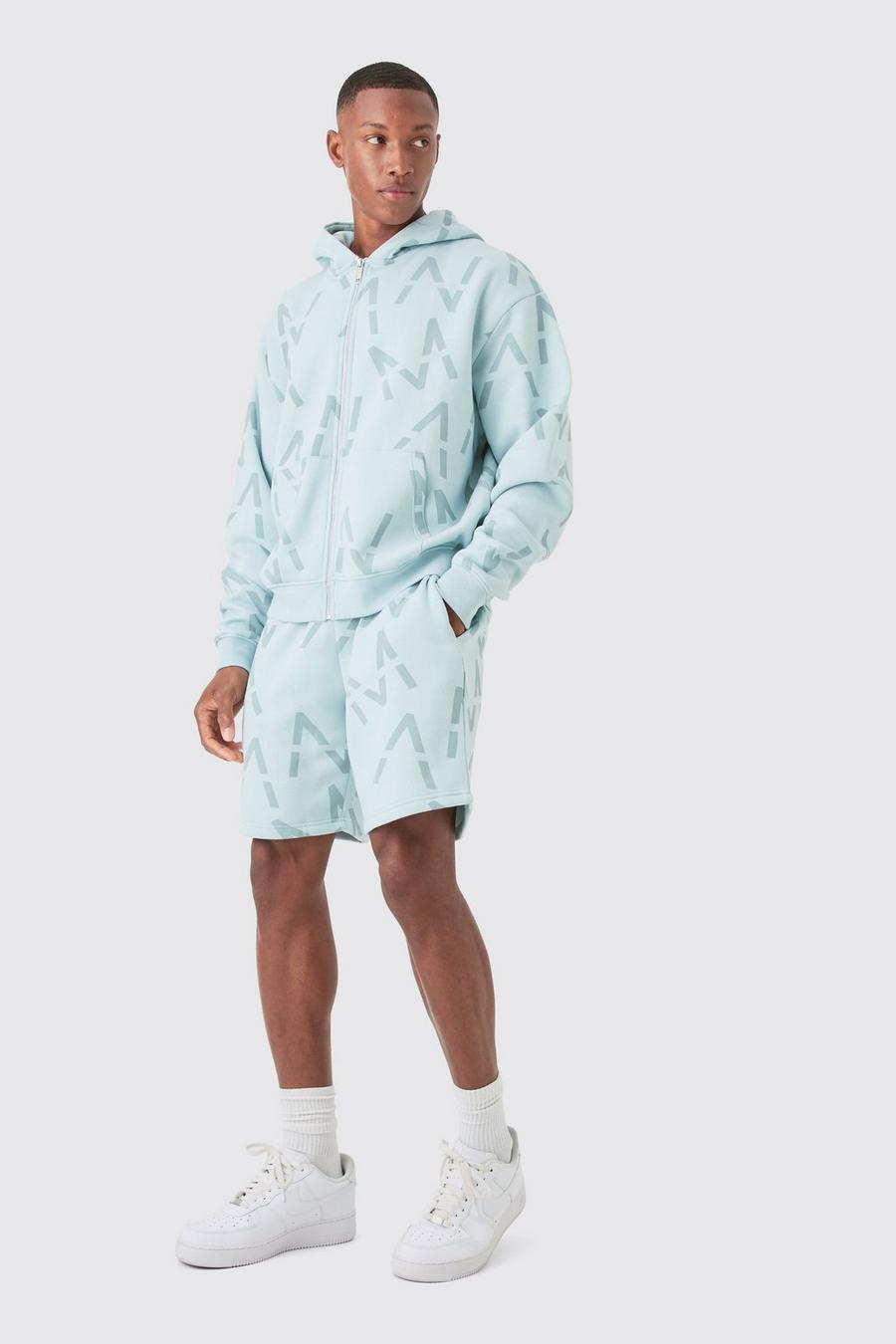 Kurzer kastiger Man Hoodie-Trainingsanzug mit Print und Reißverschluss, Light blue