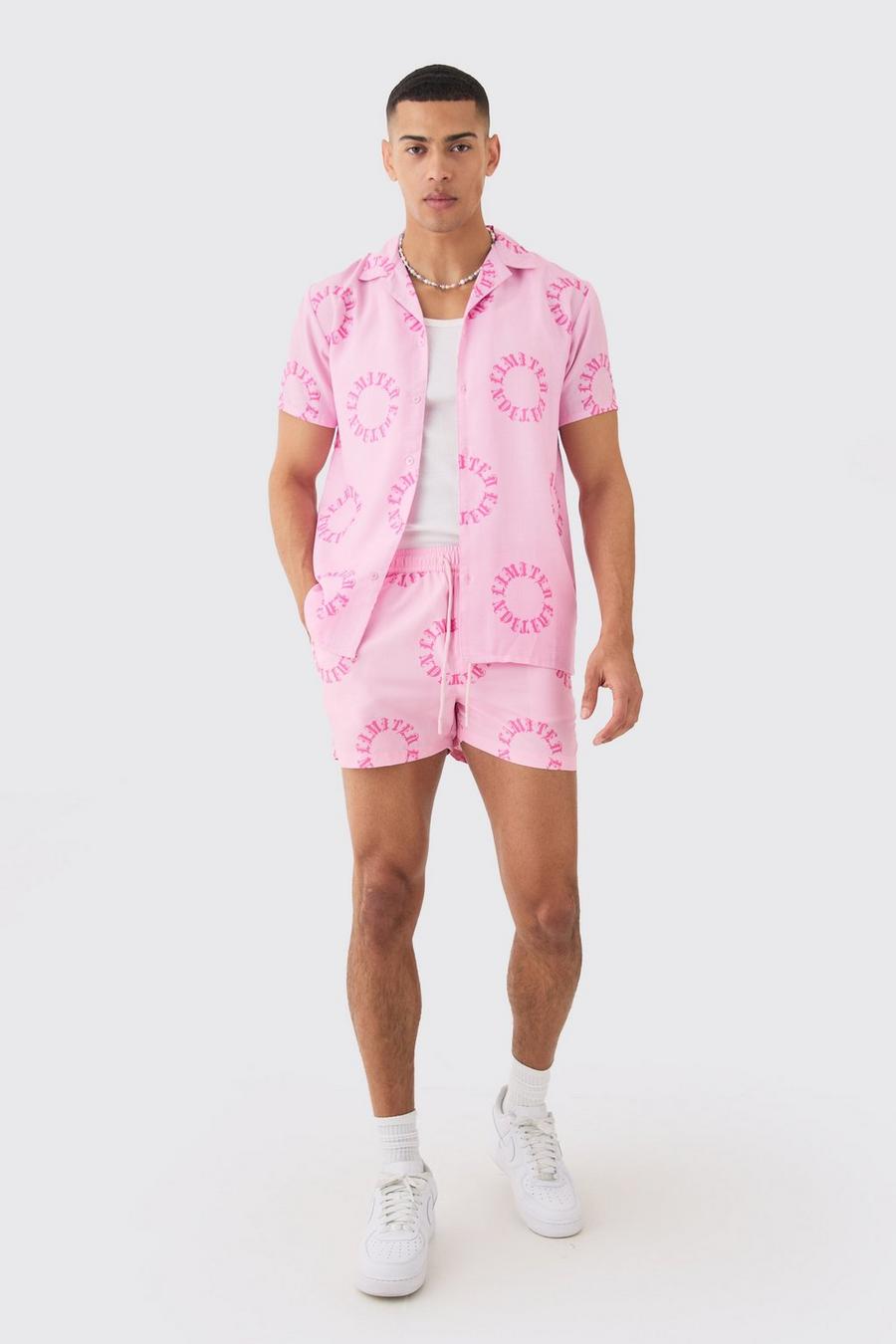 Ensemble imprimé avec chemise et short de bain, Pink image number 1