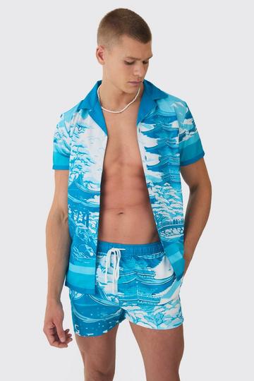 Regular Printed Shirt & Swim Short Set blue