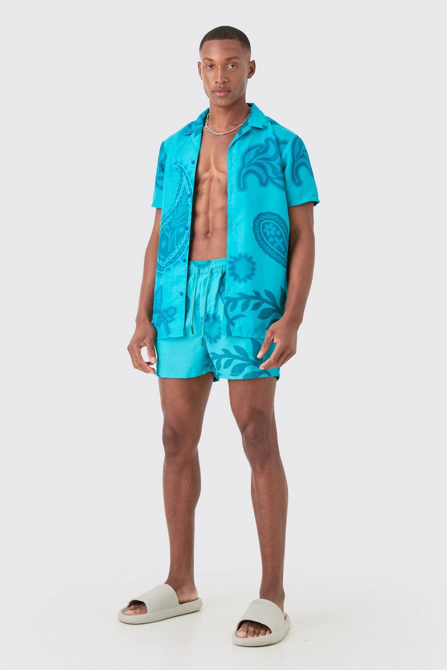 Conjunto Regular de bañador y camisa con estampado cachemira, Blue image number 1