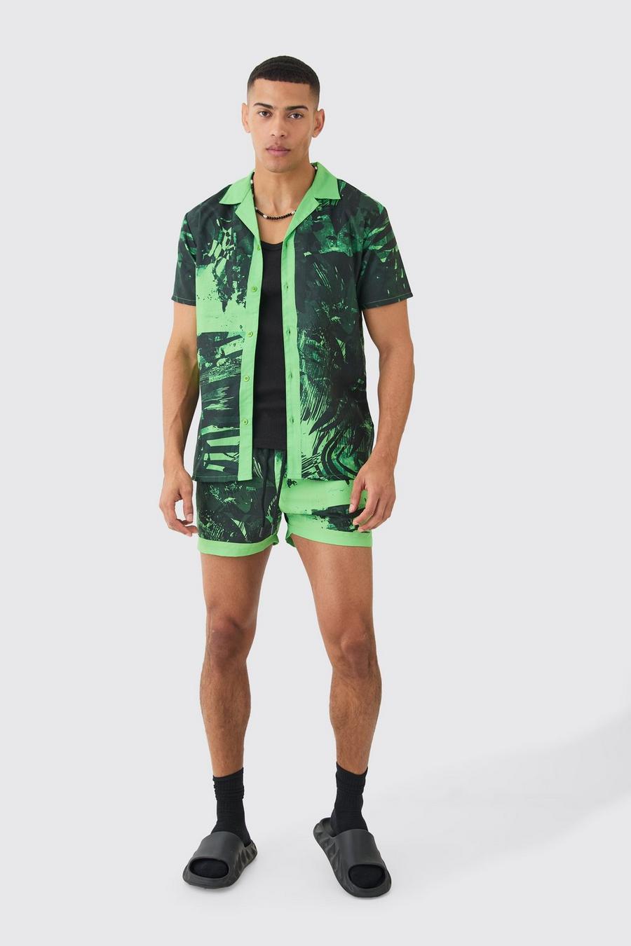 Green Regular Fit Boarder Overhemd En Zwembroek Set image number 1