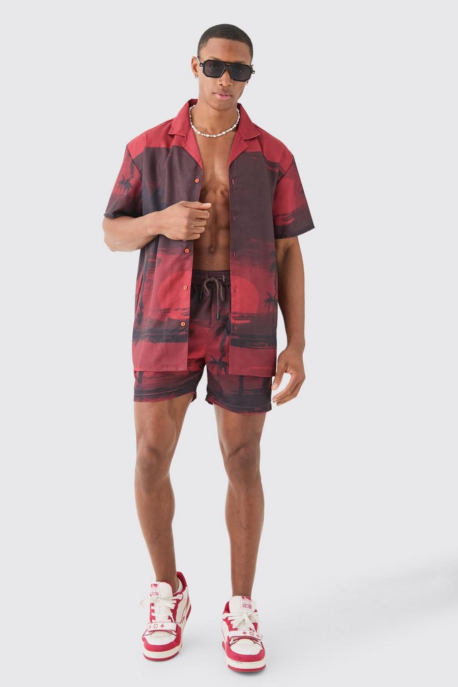 Red Oversized Palm Shirt & Swim Short Set