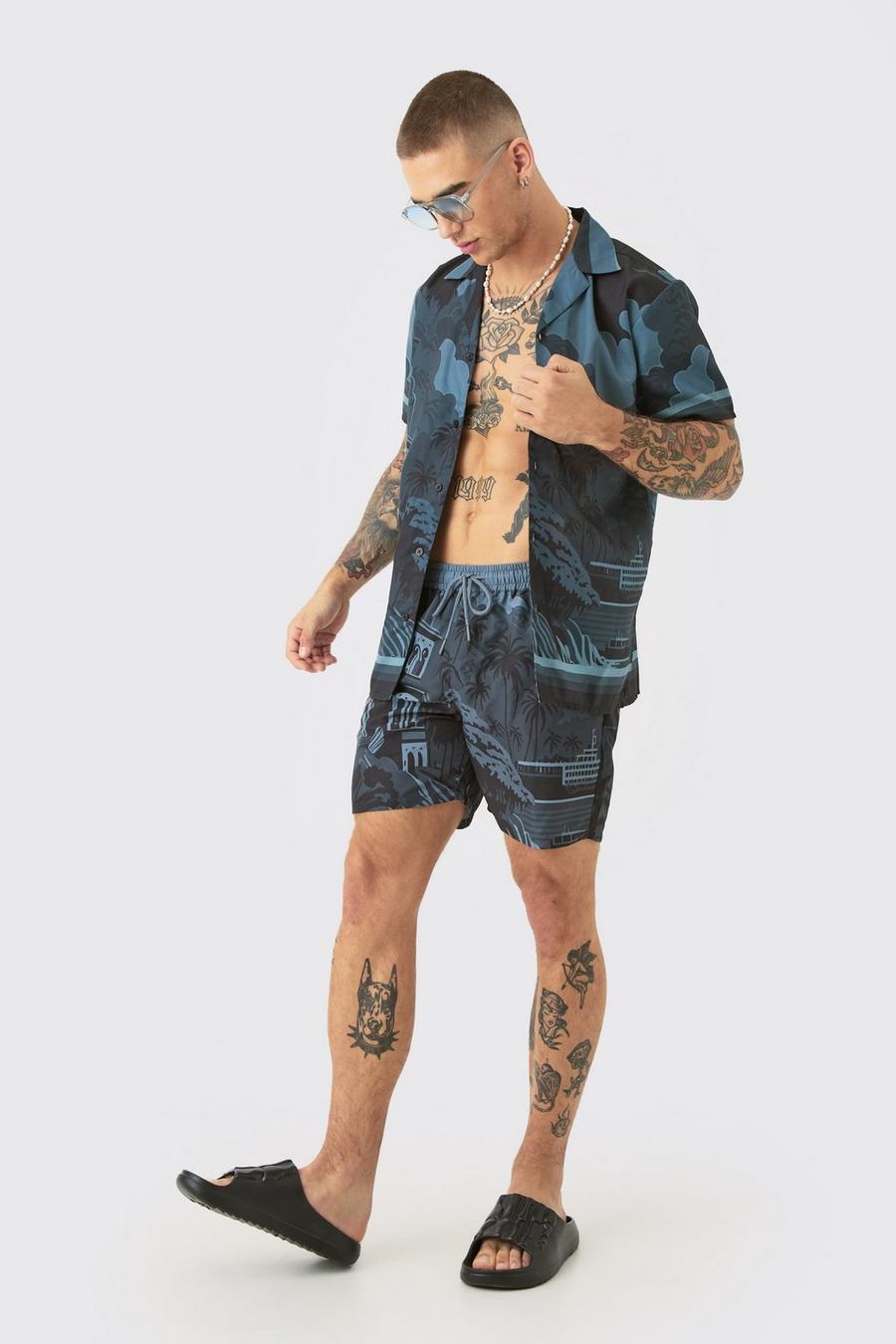 Black Regular Landscape Shirt & Swim Short Set