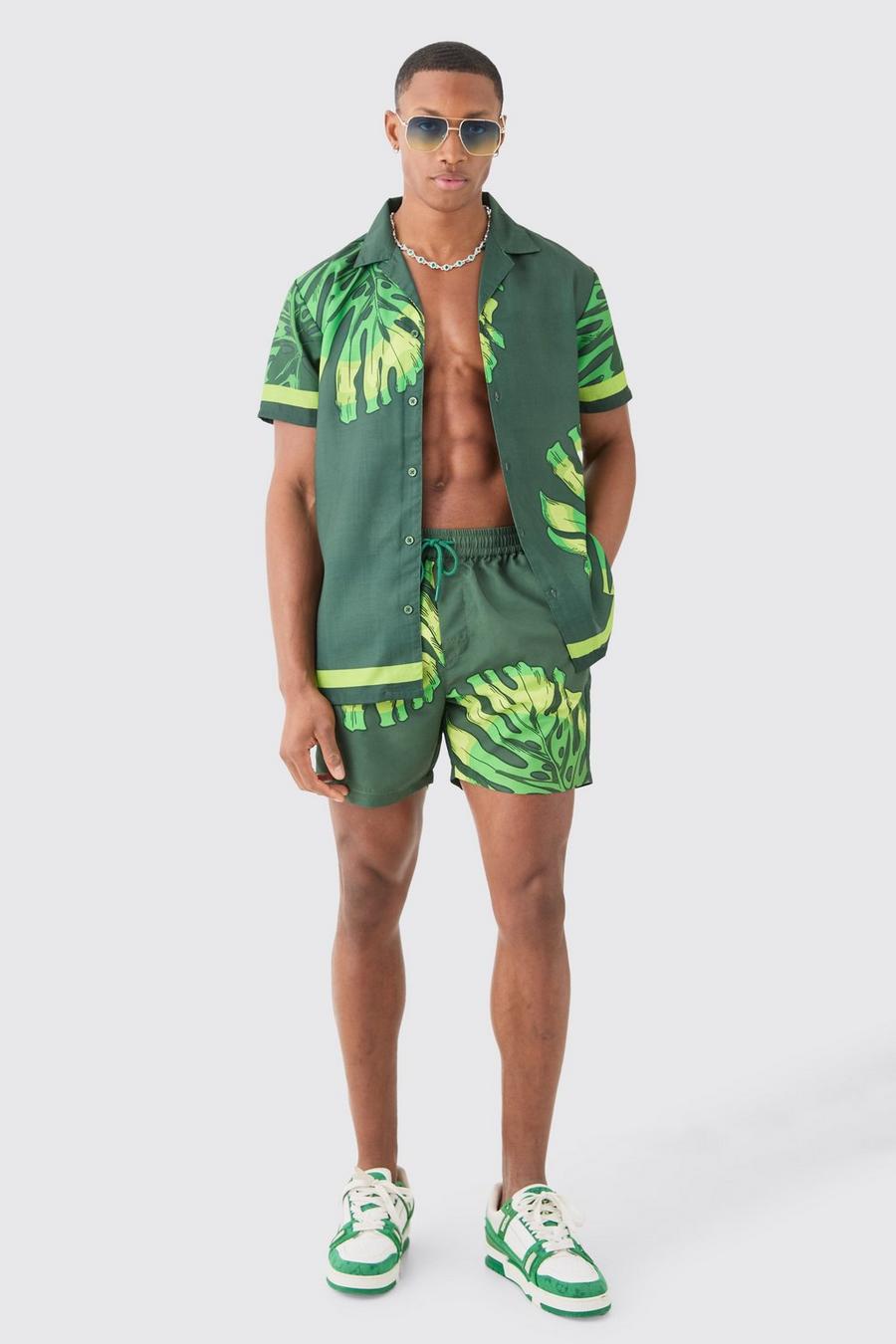 Green Regular Fit Blad Print Overhemd En Zwembroek Set image number 1