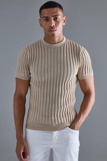 Muscle Fit Ribbed Knit T-shirt stone