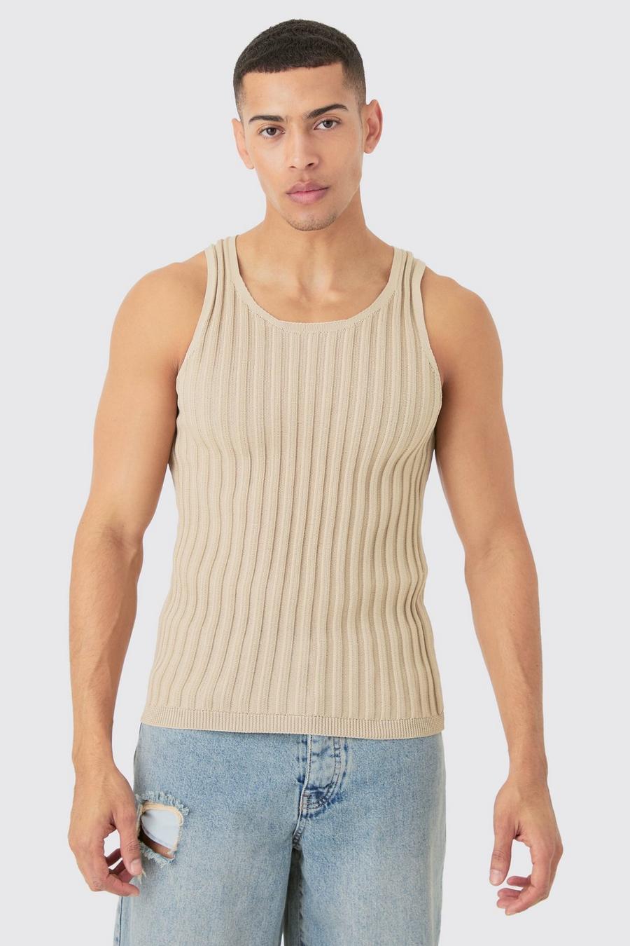 Geripptes Muscle-Fit Strick-Tanktop, Stone image number 1