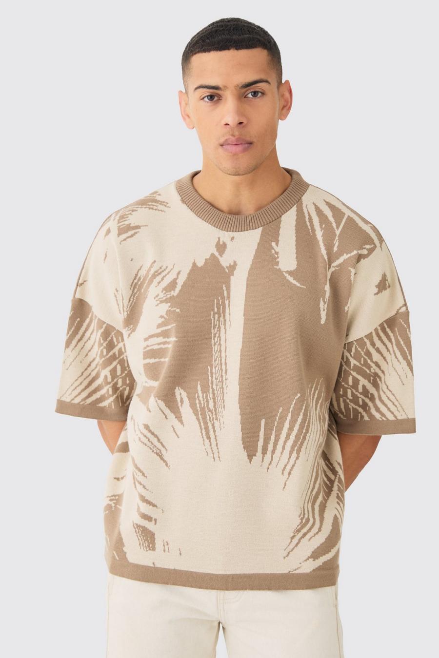 Taupe Oversized Gebreid Monochroom T-Shirt Met Abstracte Tekening image number 1