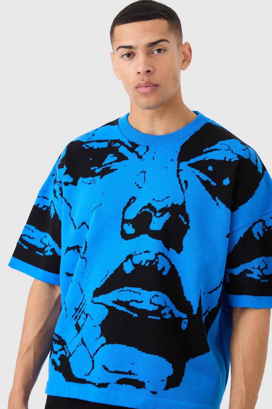T-shirt oversize in maglia con disegno a linee, Cobalt