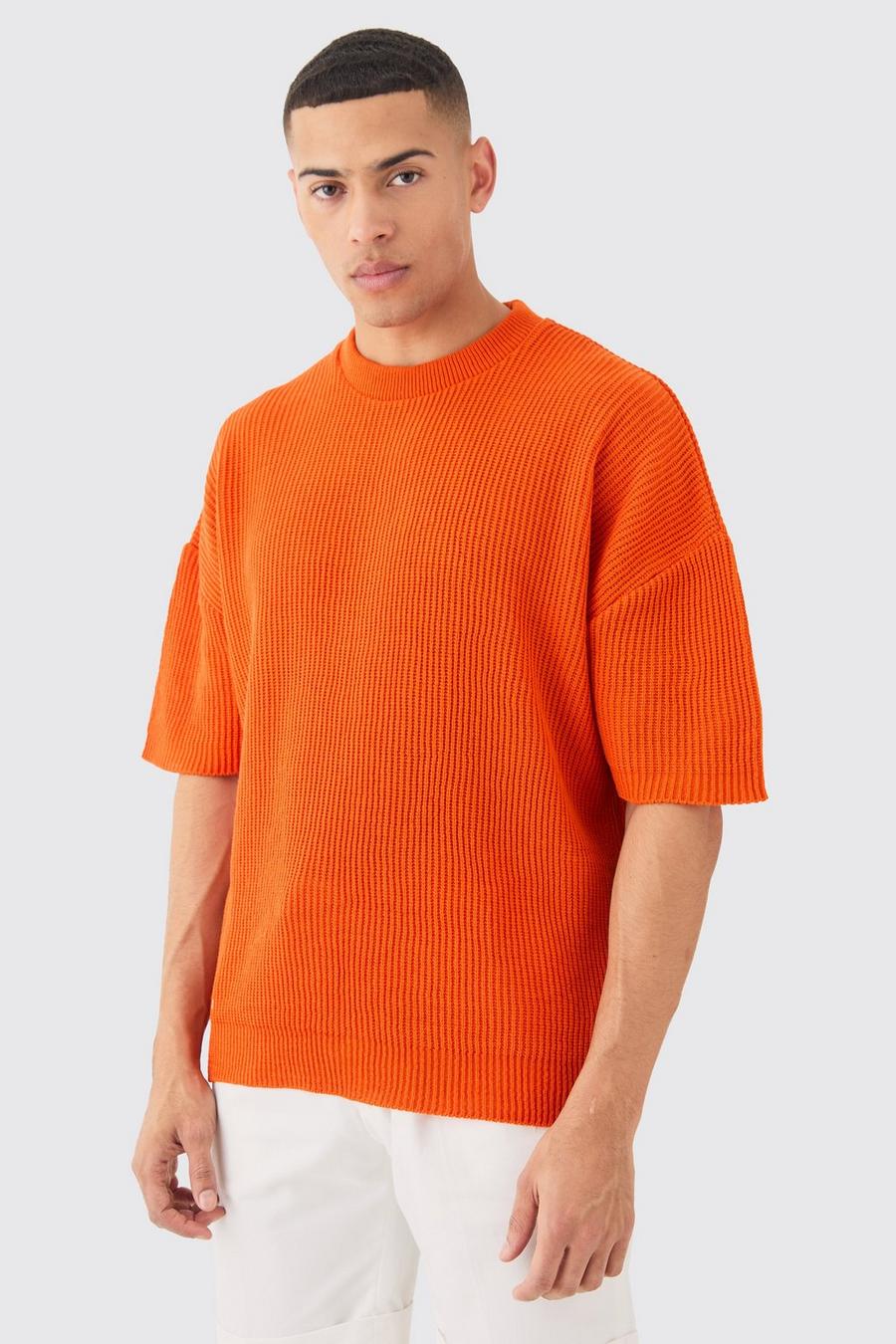 Orange Oversized Geribbeld Gebreid T-Shirt image number 1