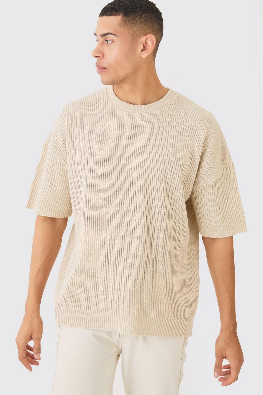 Oversized Ribbed Knit T-shirt, Stone