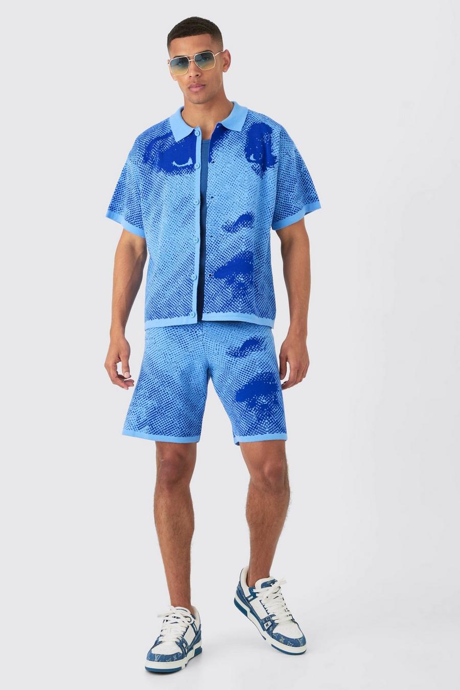 Blue Boxy Face Jacquard Knitted Shirt And Short Set