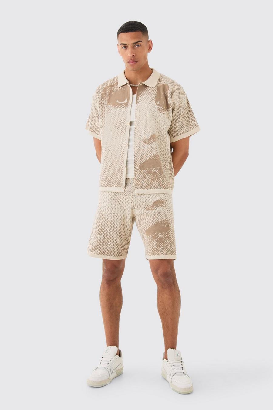 Stone Boxy Face Jacquard Knitted Shirt And Short Set