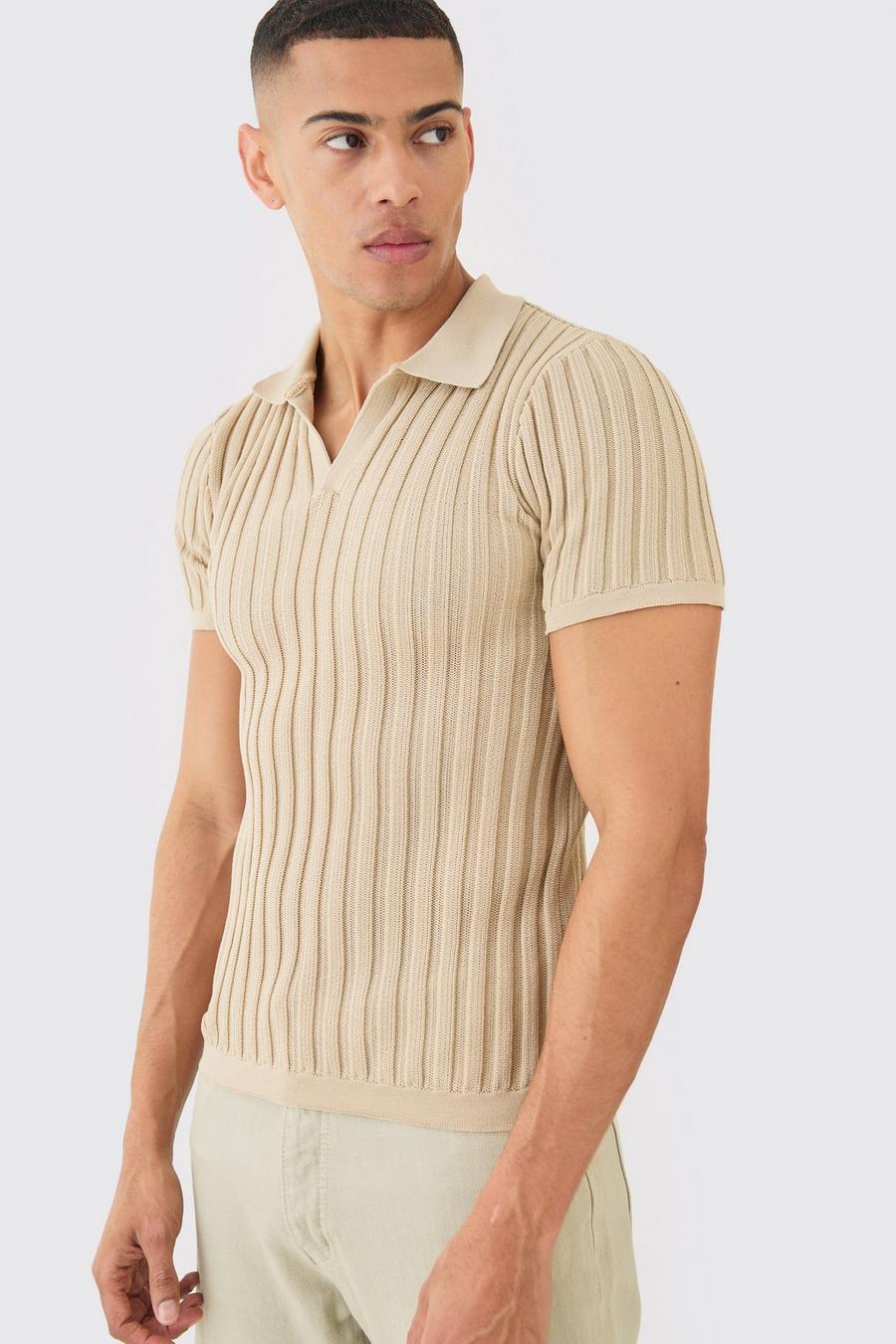 Stone Muscle Fit Revere Ribbed Knit Polo image number 1