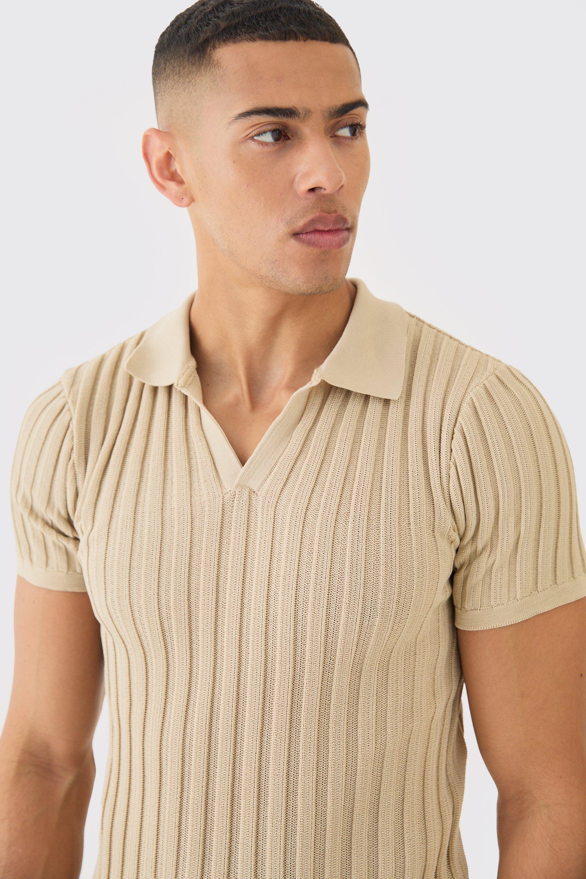 Geripptes Muscle-Fit Strick-Poloshirt | boohoo DE