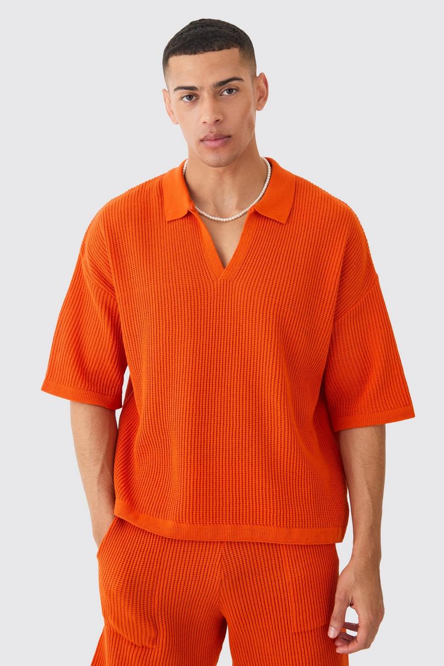 Kastiges geripptes Poloshirt mit kurzen Ärmeln, Orange image number 1