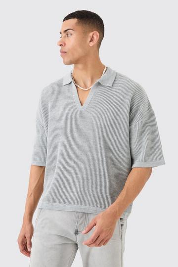 Boxy Short Sleeve Ribbed Knit Polo light grey