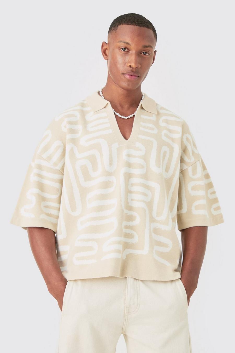 Stone Boxy Oversized Abstract Knit Polo image number 1
