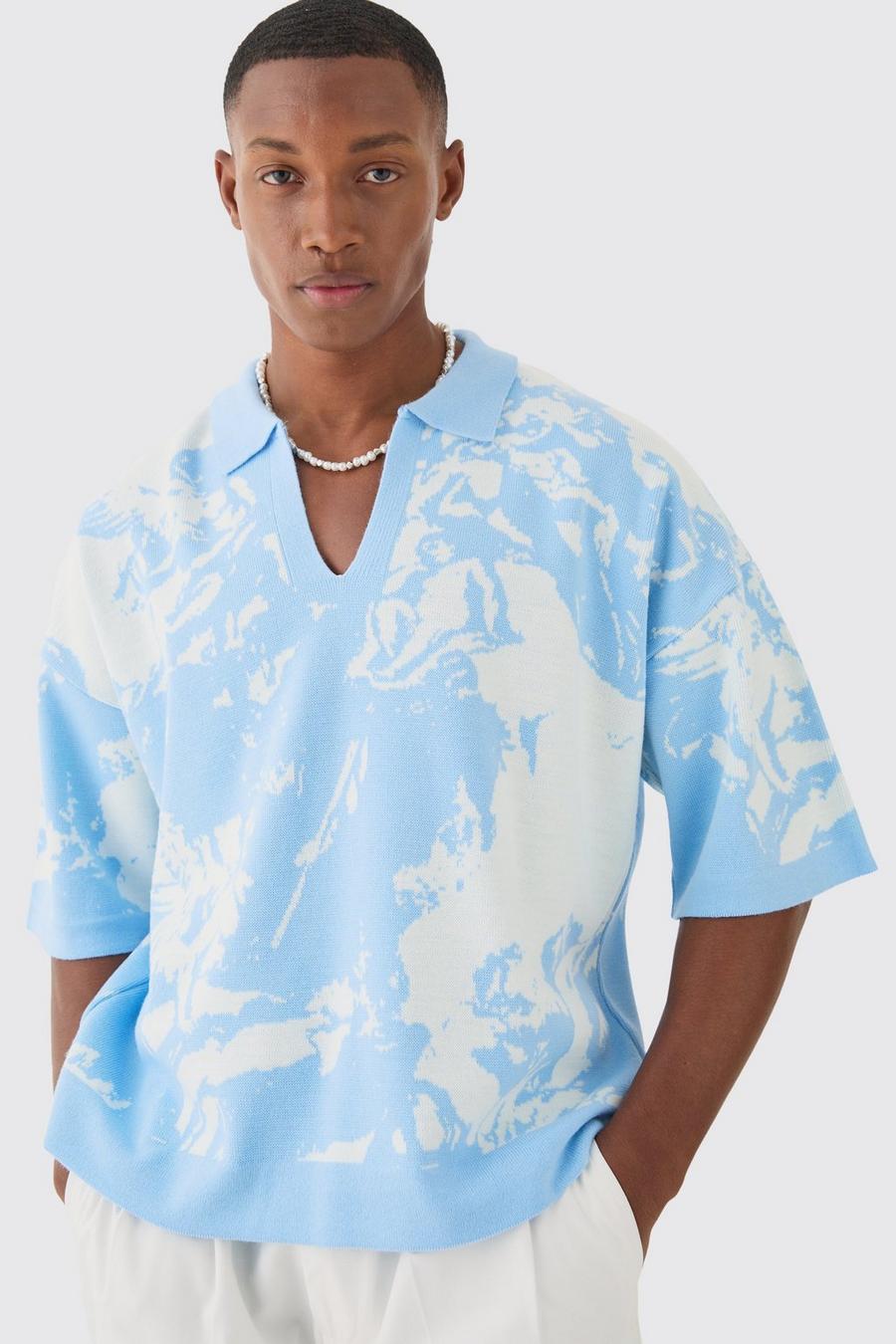 Kastiges Oversize Strick-Poloshirt mit Renaissance-Print, Light blue image number 1