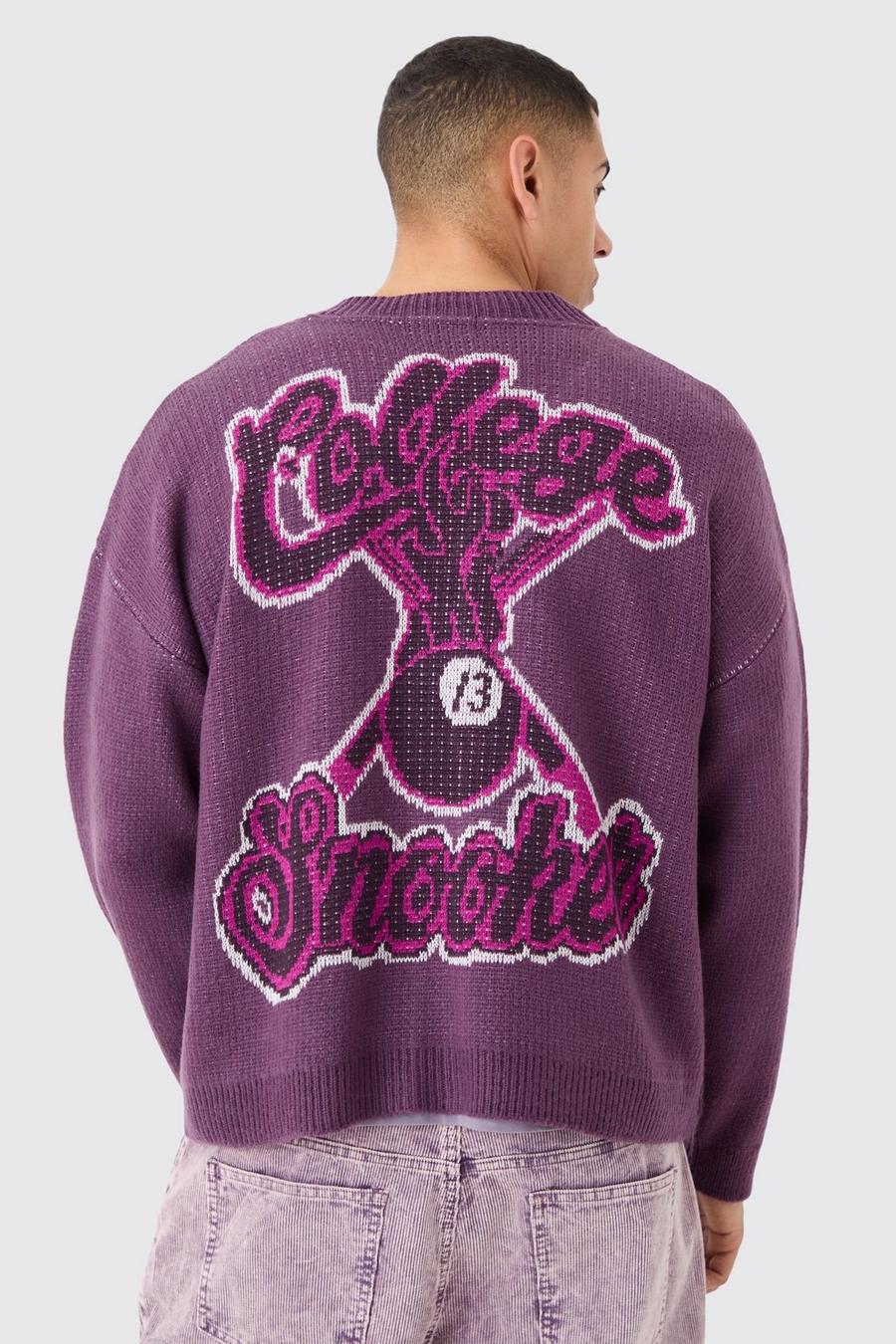Cardigan squadrato oversize in maglia spazzolata stile Varsity, Purple image number 1