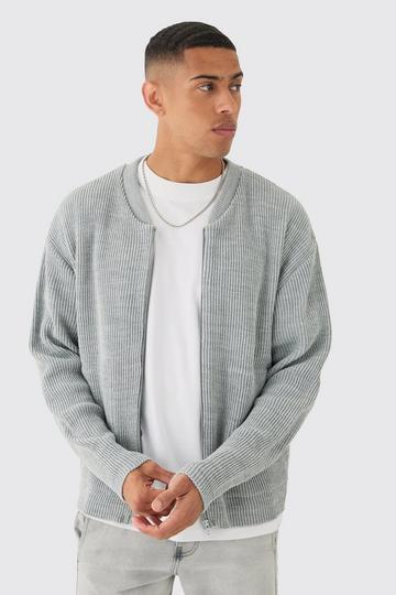 Boxy Oversized Ribbed Knit Bomber Jacket light grey