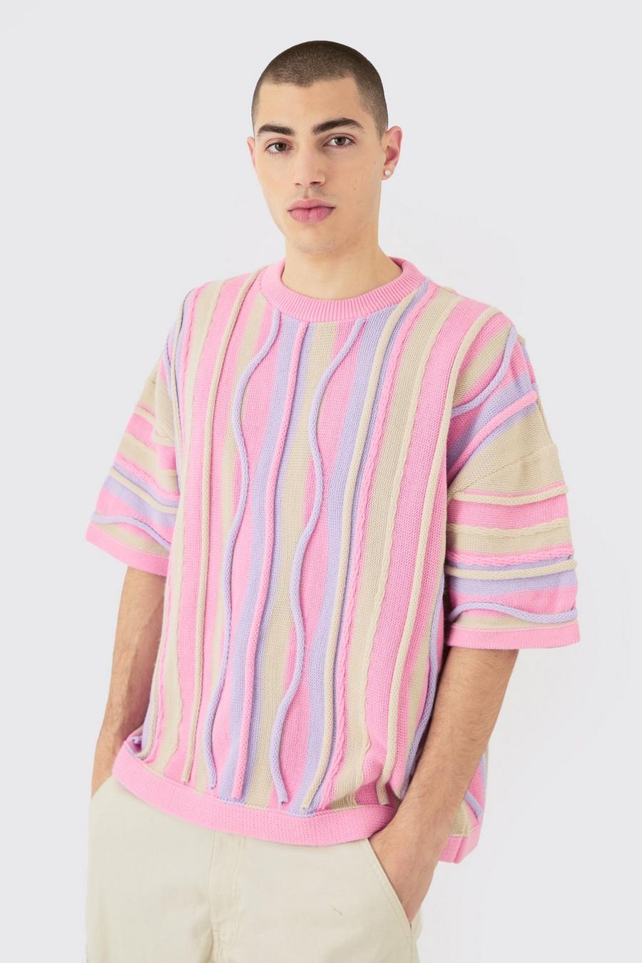 T-shirt oversize in maglia in jacquard in rilievo, Pink image number 1
