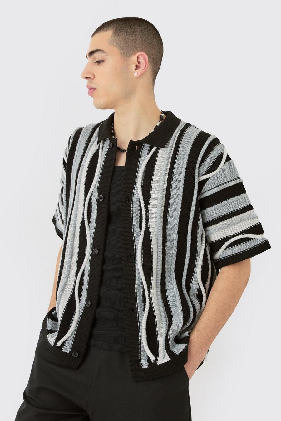 Camicia squadrata in maglia in jacquard in rilievo, Charcoal image number 1