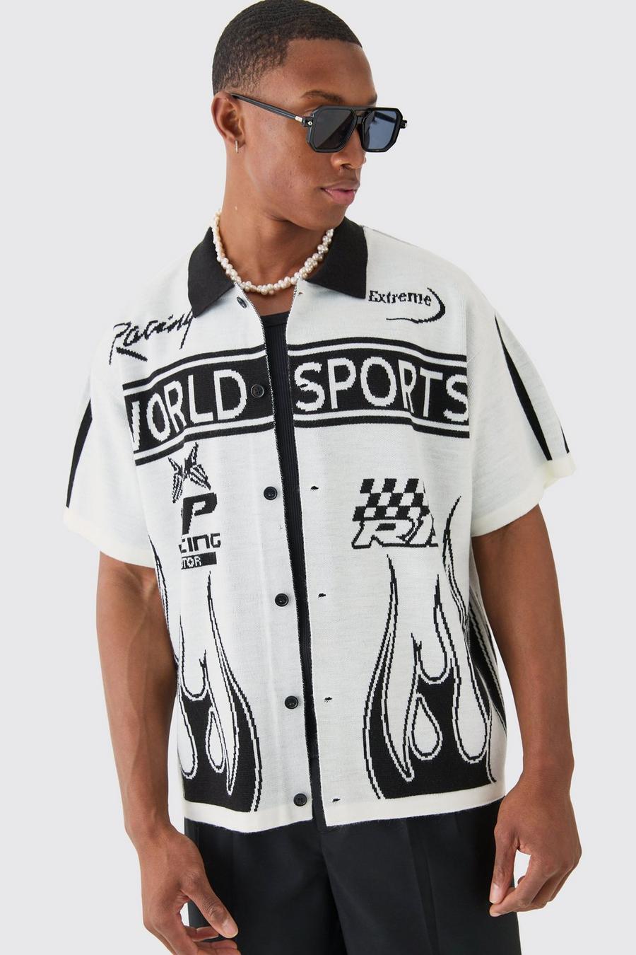 Camisa recta de punto con estampado de motociclismo, White image number 1