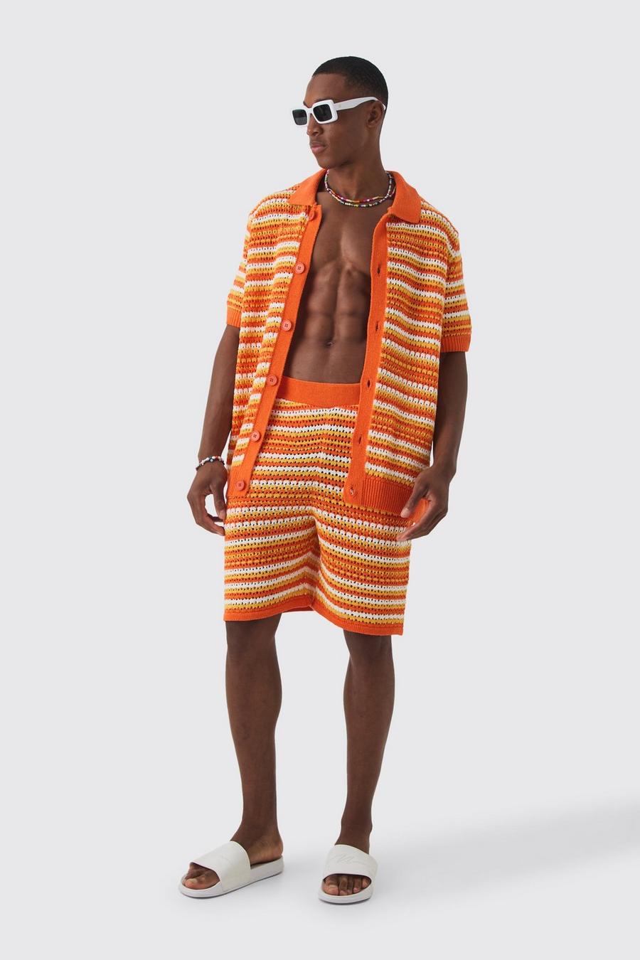 Orange Relaxed Mid Length Open Stitch Stripe Short image number 1