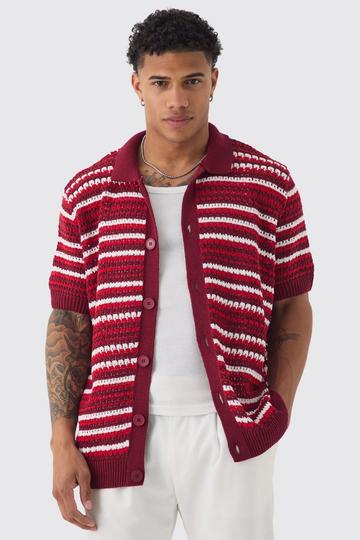 Red Boxy Oversized Open Stitch Stripe Knit Polo