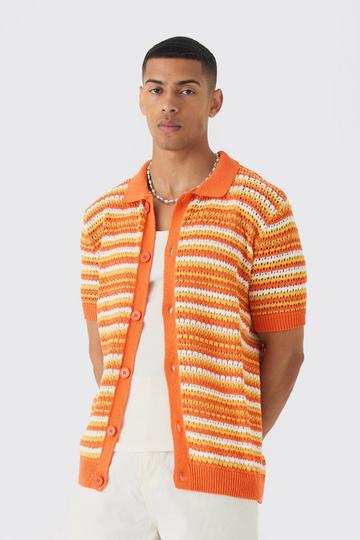 Orange Boxy Oversized Open Stitch Stripe Knit Polo