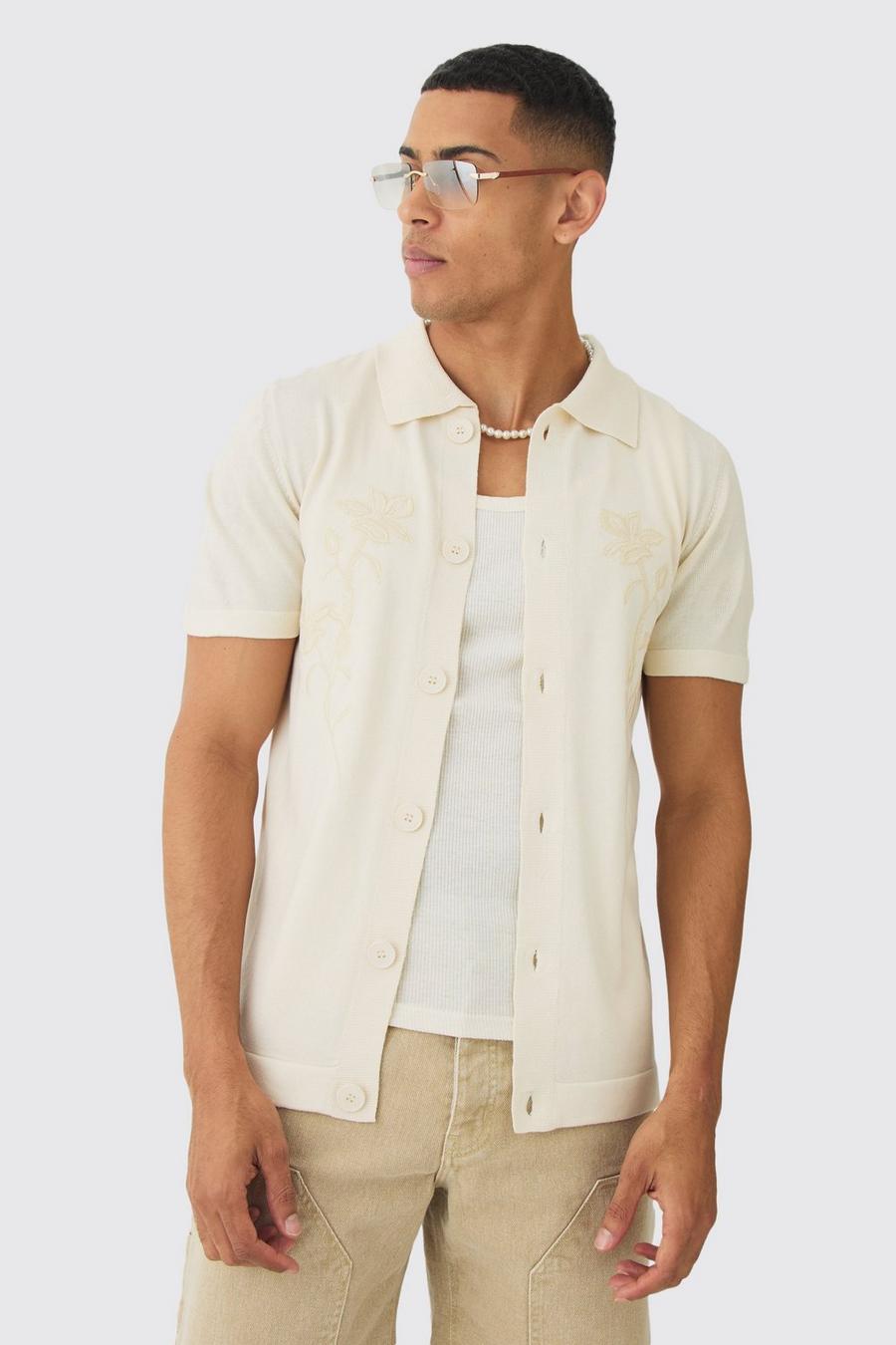 Stone Regular Fit Tonal Embroidered Knitted Shirt