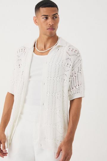 Stone Beige Oversized Boucle Textured Open Knit Shirt