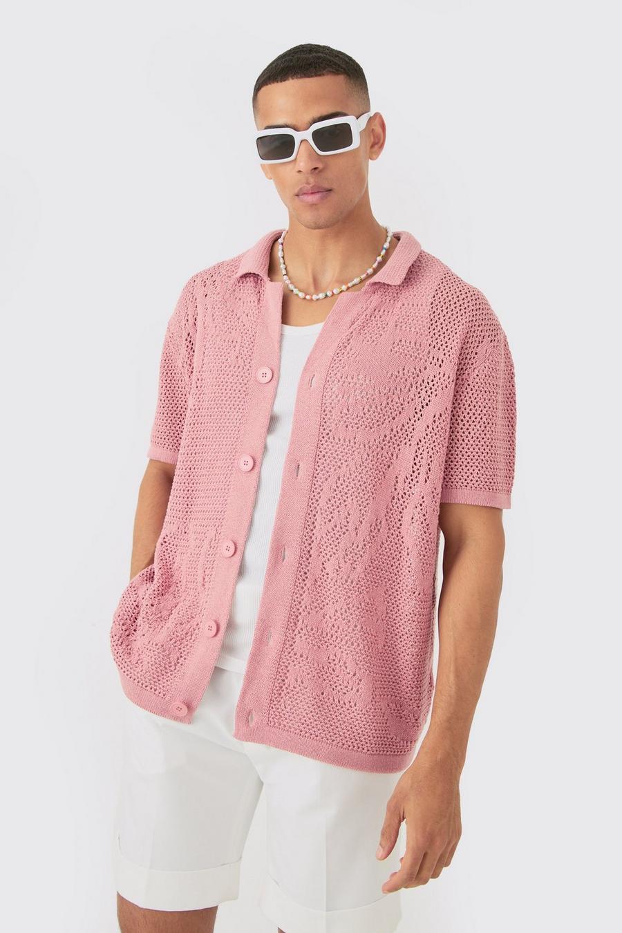 Pink Boxy Oversized Open Stitch Tonal Floral Intarsia Short Sleeve Knit Shirt image number 1