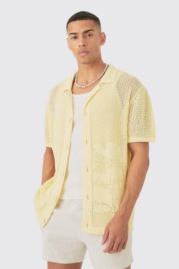 Boxy Oversized Open Stitch Tonal Floral Intarsia Short Sleeve Knit Shirt yellow