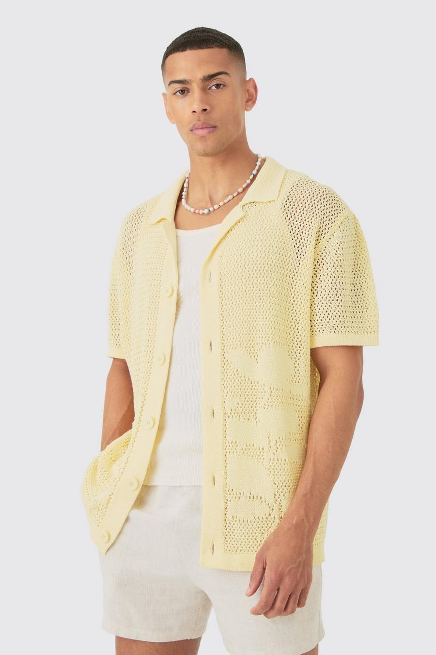 Yellow Boxy Oversized Open Stitch Tonal Floral Intarsia Short Sleeve Knit Shirt image number 1