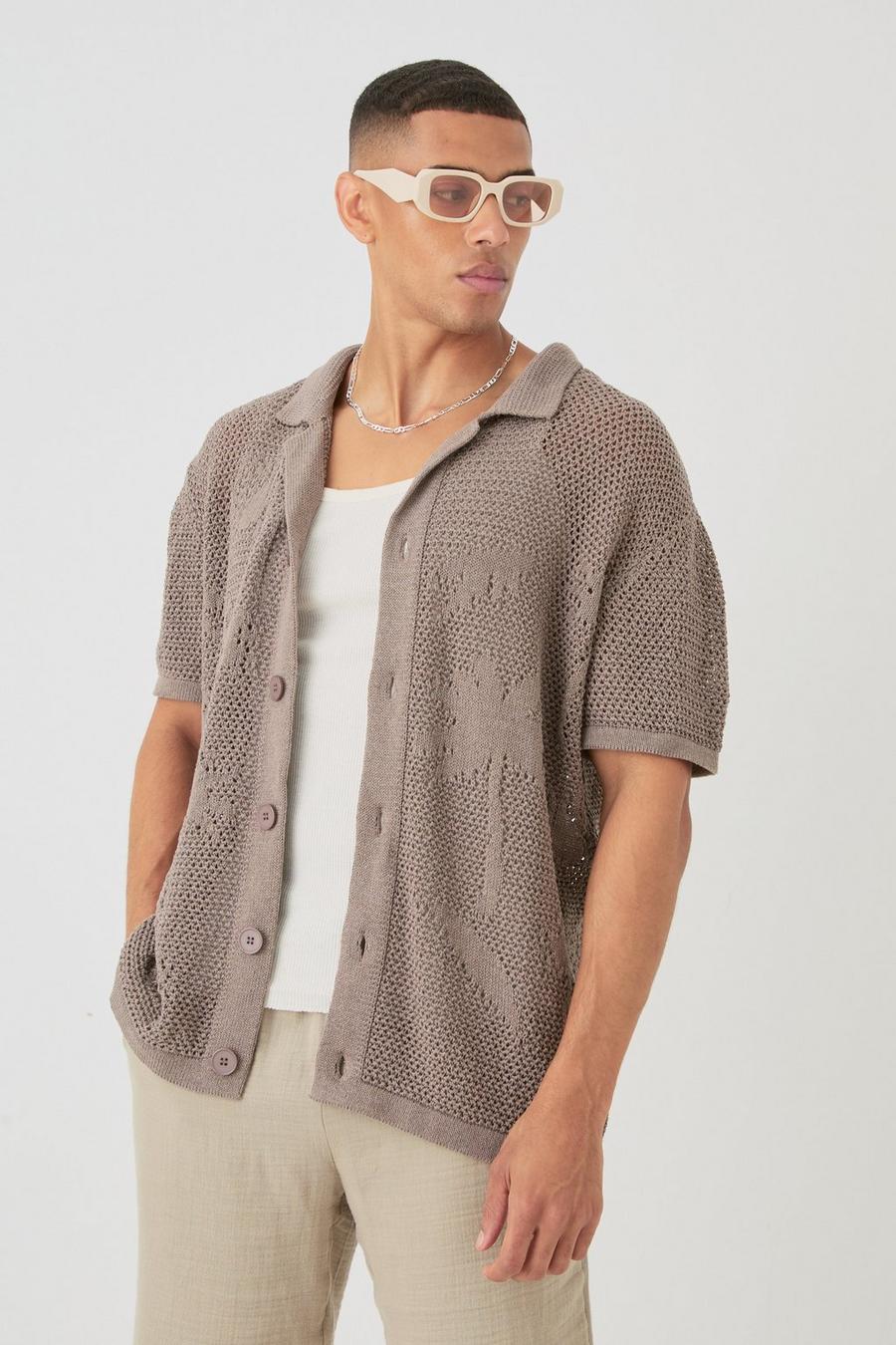Taupe Boxy Oversized Open Stitch Tonal Palm Intarsia Short Sleeve Knit Shirt